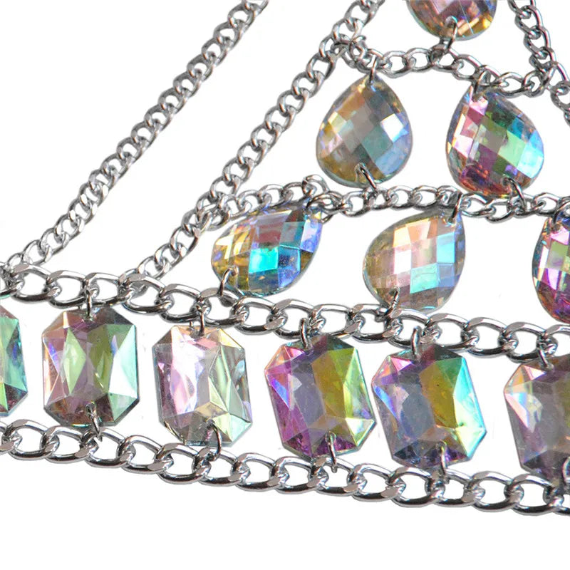 FestivalQueen Damen-Set mit Pailletten, Metall-Körperkette, Patchwork, 2-teiliges Rock-Set, Festival-Rave-Outfits, BH-Oberteil, Sommer 2022 Festival Outfits | Techno Shirts | Rave Clothing