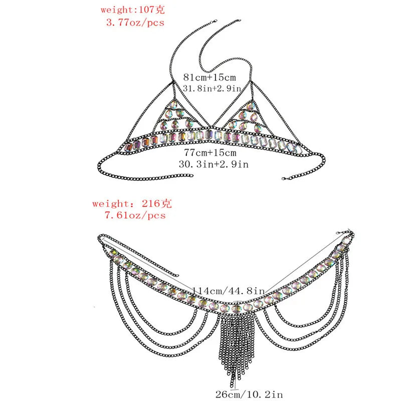 FestivalQueen Damen-Set mit Pailletten, Metall-Körperkette, Patchwork, 2-teiliges Rock-Set, Festival-Rave-Outfits, BH-Oberteil, Sommer 2022 Festival Outfits | Techno Shirts | Rave Clothing