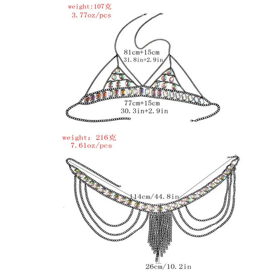 FestivalQueen Damen-Set mit Pailletten, Metall-Körperkette, Patchwork, 2-teiliges Rock-Set, Festival-Rave-Outfits, BH-Oberteil, Sommer 2022 Festival Outfits | Techno Shirts | Rave Clothing