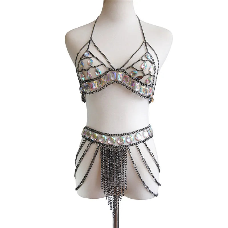 FestivalQueen Damen-Set mit Pailletten, Metall-Körperkette, Patchwork, 2-teiliges Rock-Set, Festival-Rave-Outfits, BH-Oberteil, Sommer 2022 Festival Outfits | Techno Shirts | Rave Clothing