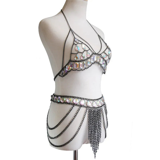 FestivalQueen Damen-Set mit Pailletten, Metall-Körperkette, Patchwork, 2-teiliges Rock-Set, Festival-Rave-Outfits, BH-Oberteil, Sommer 2022 Festival Outfits | Techno Shirts | Rave Clothing