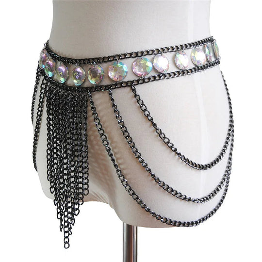 FestivalQueen Damen-Set mit Pailletten, Metall-Körperkette, Patchwork, 2-teiliges Rock-Set, Festival-Rave-Outfits, BH-Oberteil, Sommer 2022 Festival Outfits | Techno Shirts | Rave Clothing