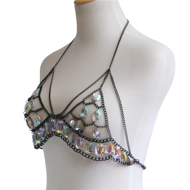 FestivalQueen Damen-Set mit Pailletten, Metall-Körperkette, Patchwork, 2-teiliges Rock-Set, Festival-Rave-Outfits, BH-Oberteil, Sommer 2022 Festival Outfits | Techno Shirts | Rave Clothing