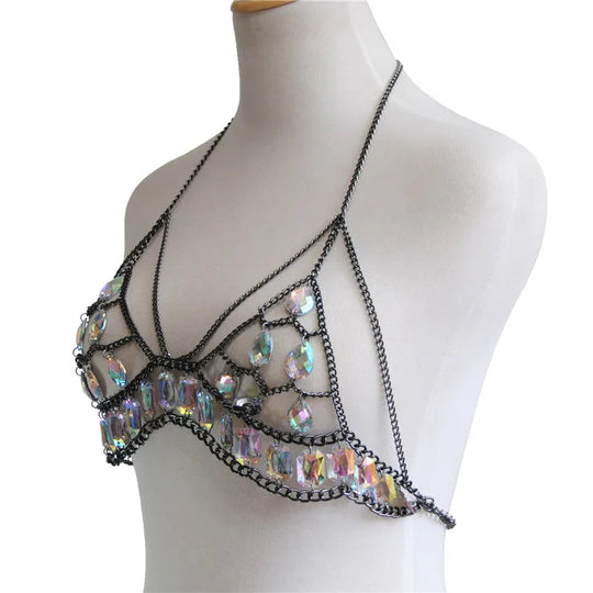 FestivalQueen Damen-Set mit Pailletten, Metall-Körperkette, Patchwork, 2-teiliges Rock-Set, Festival-Rave-Outfits, BH-Oberteil, Sommer 2022 Festival Outfits | Techno Shirts | Rave Clothing