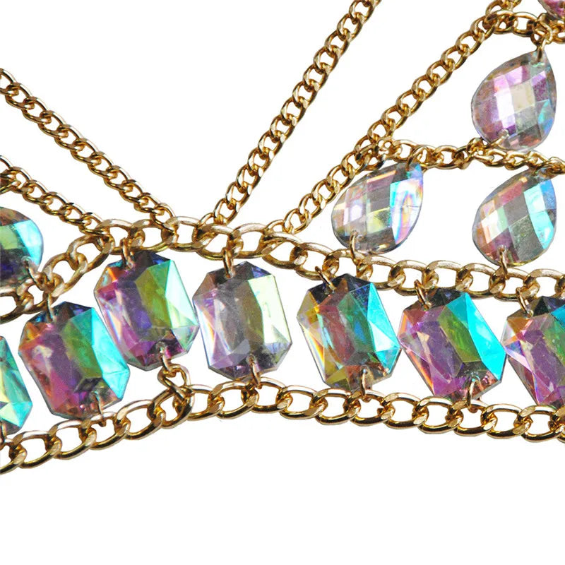 FestivalQueen Damen-Set mit Pailletten, Metall-Körperkette, Patchwork, 2-teiliges Rock-Set, Festival-Rave-Outfits, BH-Oberteil, Sommer 2022 Festival Outfits | Techno Shirts | Rave Clothing