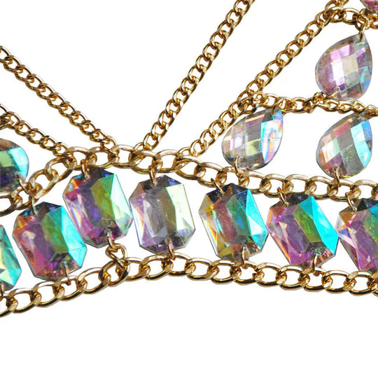 FestivalQueen Damen-Set mit Pailletten, Metall-Körperkette, Patchwork, 2-teiliges Rock-Set, Festival-Rave-Outfits, BH-Oberteil, Sommer 2022 Festival Outfits | Techno Shirts | Rave Clothing