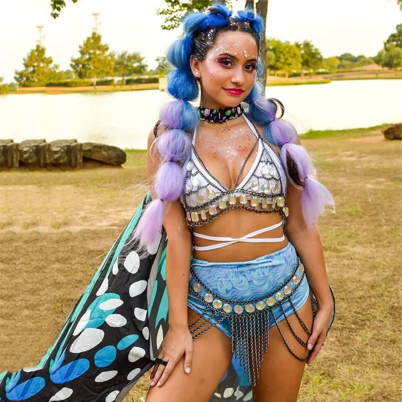 FestivalQueen Damen-Set mit Pailletten, Metall-Körperkette, Patchwork, 2-teiliges Rock-Set, Festival-Rave-Outfits, BH-Oberteil, Sommer 2022 Festival Outfits | Techno Shirts | Rave Clothing