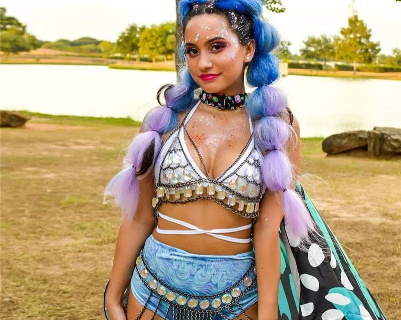FestivalQueen Damen-Set mit Pailletten, Metall-Körperkette, Patchwork, 2-teiliges Rock-Set, Festival-Rave-Outfits, BH-Oberteil, Sommer 2022 Festival Outfits | Techno Shirts | Rave Clothing