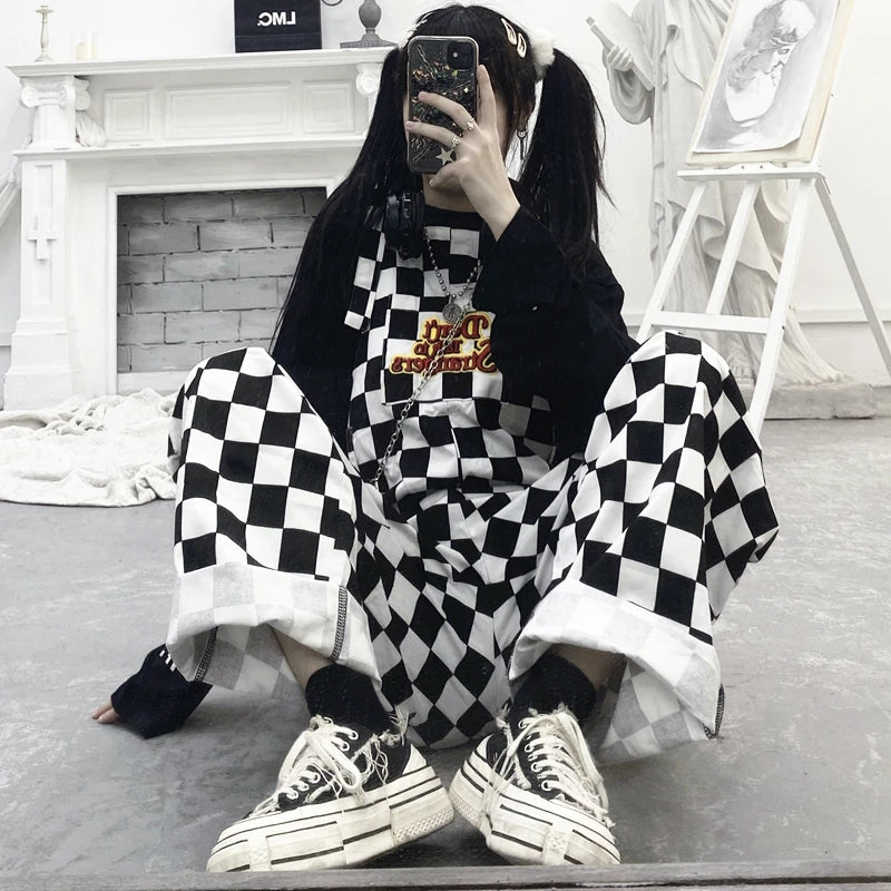 Street Hip-hop Harajuku Girl Cow Print Oneies for Women Black White Plaid Overalls Casual Jumpsuit Trousers Baggy Pants Festival Outfits | Techno Shirts | Rave Clothing