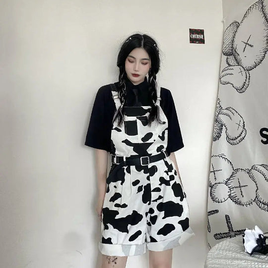 Street Hip-hop Harajuku Girl Cow Print Oneies for Women Black White Plaid Overalls Casual Jumpsuit Trousers Baggy Pants Festival Outfits | Techno Shirts | Rave Clothing