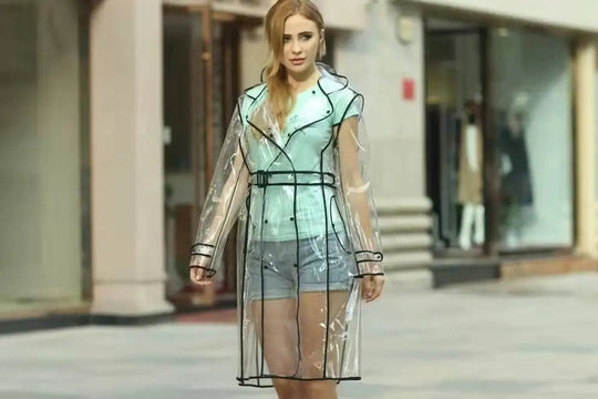 Wasserdichter, transparenter Kunststoff, durchsichtig, lange Damen-Regenmäntel, Damen- und Herrenmode, Regenmantel, Jacken mit Kapuze und Gürtel Festival Outfits | Techno Shirts | Rave Clothing