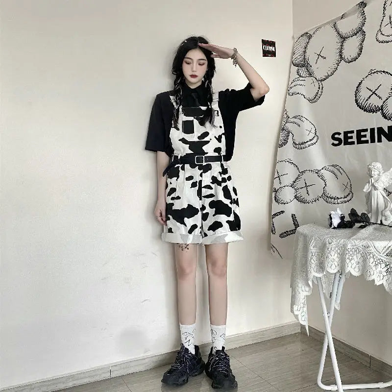 Street Hip-hop Harajuku Girl Cow Print Oneies for Women Black White Plaid Overalls Casual Jumpsuit Trousers Baggy Pants Festival Outfits | Techno Shirts | Rave Clothing
