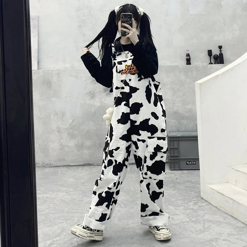 Street Hip-hop Harajuku Girl Cow Print Oneies for Women Black White Plaid Overalls Casual Jumpsuit Trousers Baggy Pants Festival Outfits | Techno Shirts | Rave Clothing