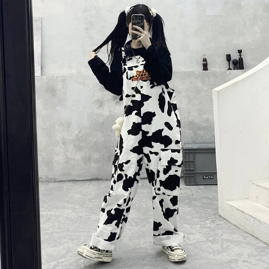 Street Hip-hop Harajuku Girl Cow Print Oneies for Women Black White Plaid Overalls Casual Jumpsuit Trousers Baggy Pants Festival Outfits | Techno Shirts | Rave Clothing