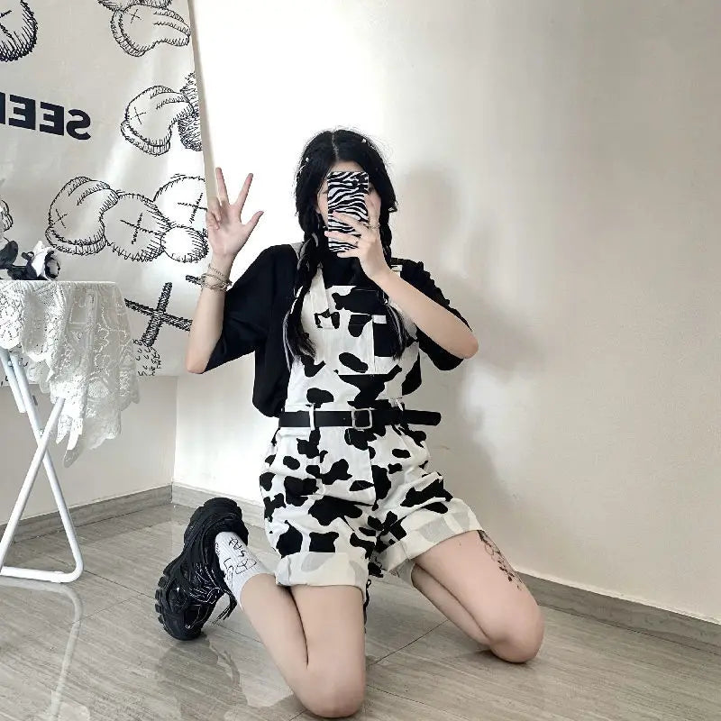 Street Hip-hop Harajuku Girl Cow Print Oneies for Women Black White Plaid Overalls Casual Jumpsuit Trousers Baggy Pants Festival Outfits | Techno Shirts | Rave Clothing