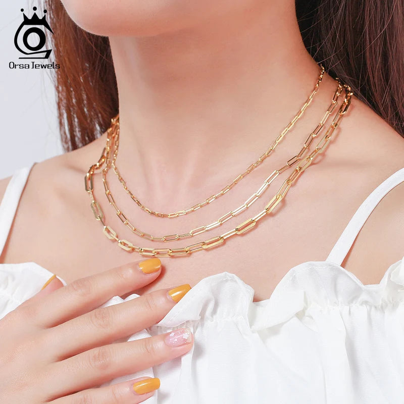 ORSA JEWELS 14K vergoldete echte 925er Sterlingsilber-Büroklammer-Halskette, 6/9,3/12 mm Gliederkette für Damen und Herren, Schmuck SC39 Festival Outfits | Techno Shirts | Rave Clothing