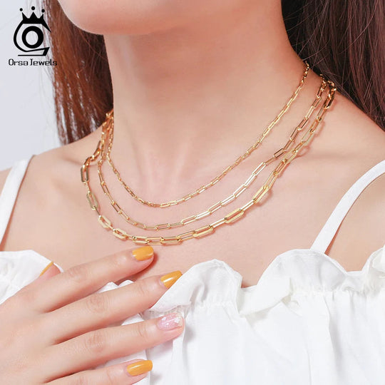 ORSA JEWELS 14K vergoldete echte 925er Sterlingsilber-Büroklammer-Halskette, 6/9,3/12 mm Gliederkette für Damen und Herren, Schmuck SC39 Festival Outfits | Techno Shirts | Rave Clothing