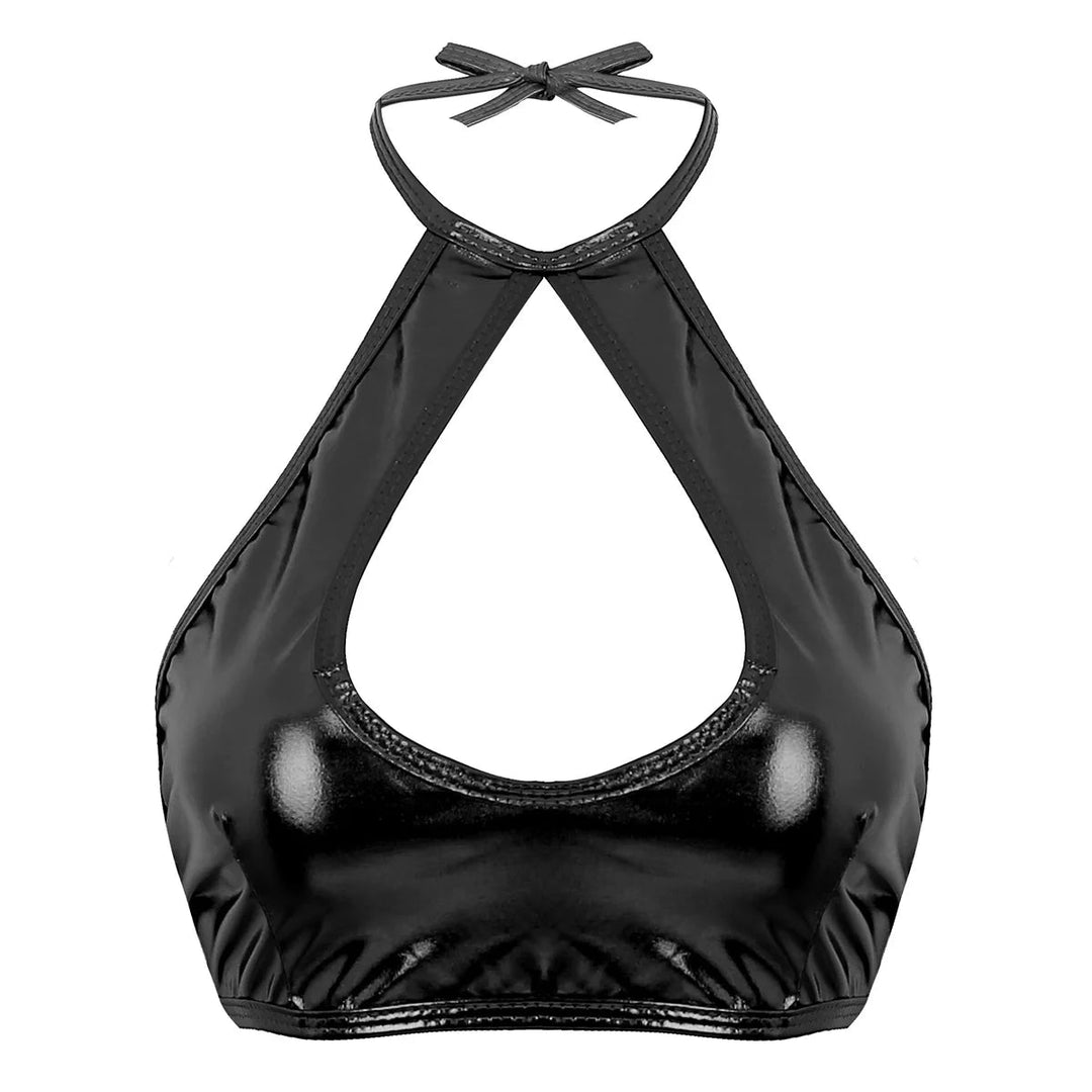 Metallic glänzendes ärmelloses Neckholder-Oberteil aus geschnittenes Riemchen-Oberteil mit Rüschen-Minirock-Tanz kleid zweiteiliges Outfit-Set Festival Outfits | Techno Shirts | Rave Clothing