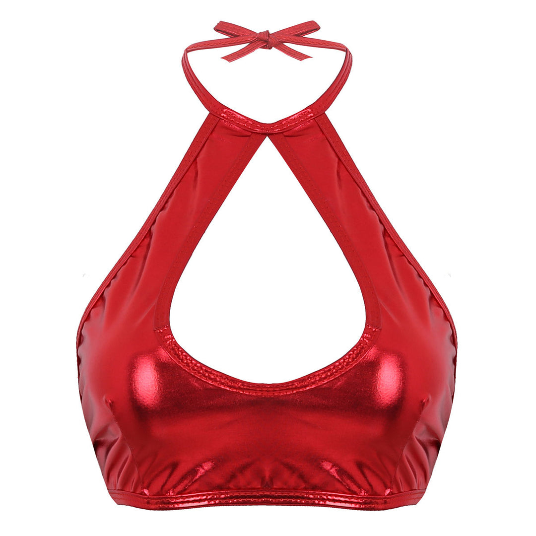 Metallic glänzendes ärmelloses Neckholder-Oberteil aus geschnittenes Riemchen-Oberteil mit Rüschen-Minirock-Tanz kleid zweiteiliges Outfit-Set Festival Outfits | Techno Shirts | Rave Clothing