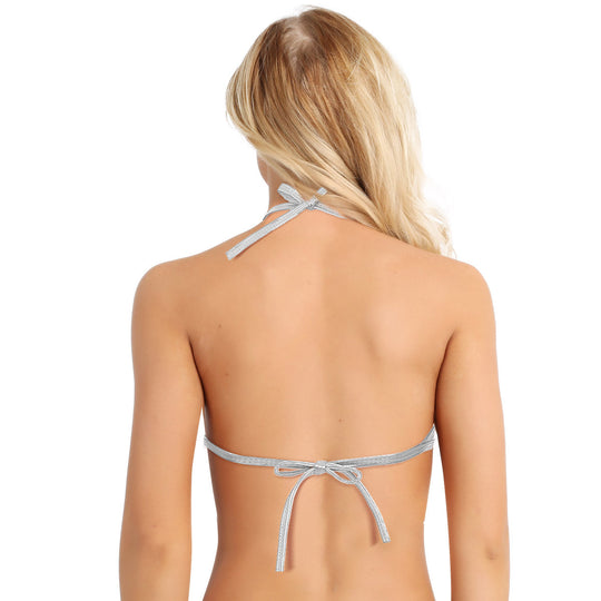 Metallic glänzendes ärmelloses Neckholder-Oberteil aus geschnittenes Riemchen-Oberteil mit Rüschen-Minirock-Tanz kleid zweiteiliges Outfit-Set Festival Outfits | Techno Shirts | Rave Clothing