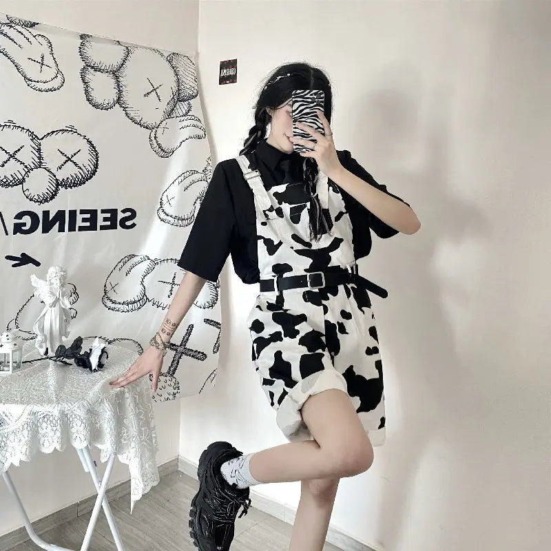 Street Hip-hop Harajuku Girl Cow Print Oneies for Women Black White Plaid Overalls Casual Jumpsuit Trousers Baggy Pants Festival Outfits | Techno Shirts | Rave Clothing