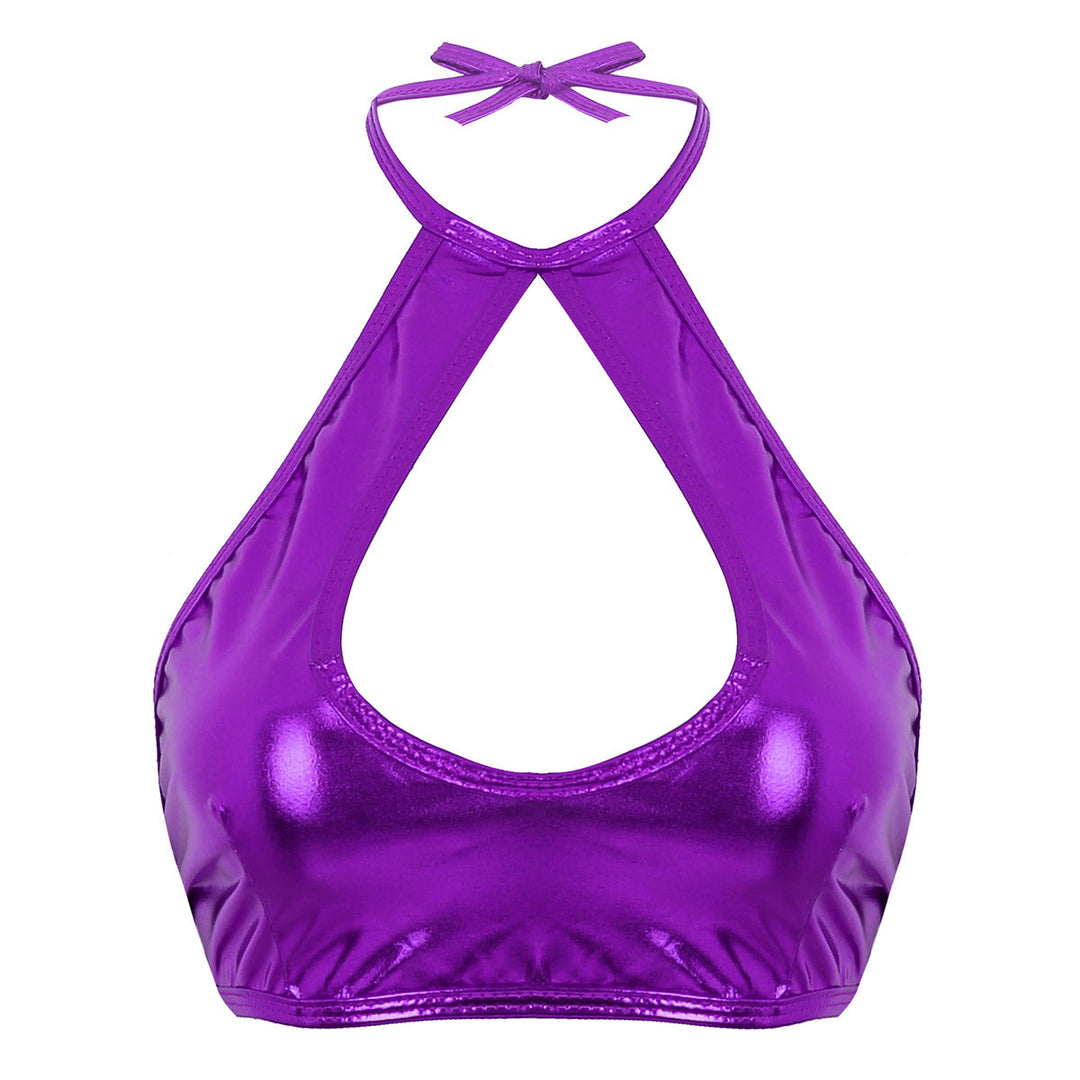 Metallic glänzendes ärmelloses Neckholder-Oberteil aus geschnittenes Riemchen-Oberteil mit Rüschen-Minirock-Tanz kleid zweiteiliges Outfit-Set Festival Outfits | Techno Shirts | Rave Clothing