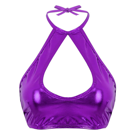 Metallic glänzendes ärmelloses Neckholder-Oberteil aus geschnittenes Riemchen-Oberteil mit Rüschen-Minirock-Tanz kleid zweiteiliges Outfit-Set Festival Outfits | Techno Shirts | Rave Clothing