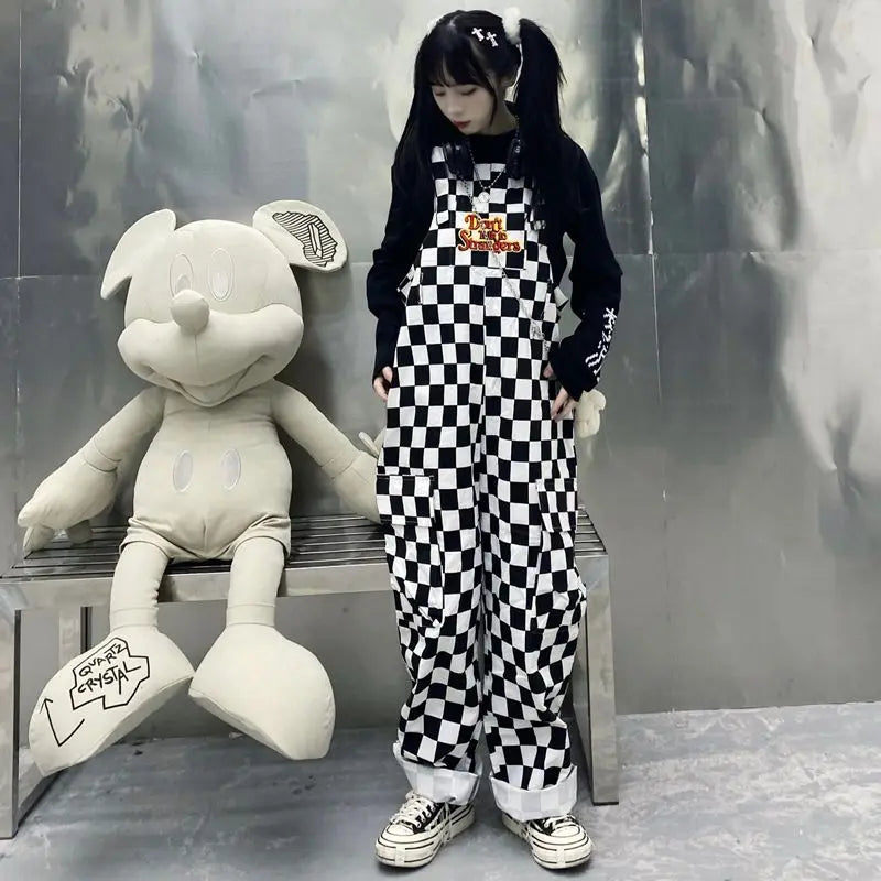 Street Hip-hop Harajuku Girl Cow Print Oneies for Women Black White Plaid Overalls Casual Jumpsuit Trousers Baggy Pants Festival Outfits | Techno Shirts | Rave Clothing