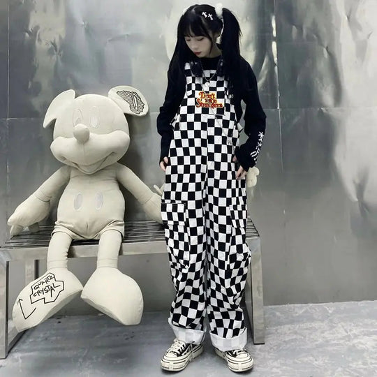 Street Hip-hop Harajuku Girl Cow Print Oneies for Women Black White Plaid Overalls Casual Jumpsuit Trousers Baggy Pants Festival Outfits | Techno Shirts | Rave Clothing