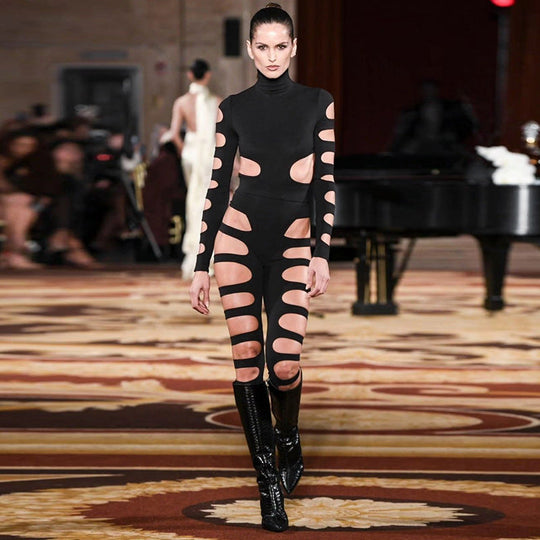 2024 neuer Stil hohler sexy Langarm-Overall asymmetrischer Hot-Girl-Persönlichkeitsanzug Festival Outfits | Techno Shirts | Rave Clothing