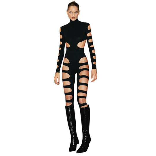 2024 neuer Stil hohler sexy Langarm-Overall asymmetrischer Hot-Girl-Persönlichkeitsanzug Festival Outfits | Techno Shirts | Rave Clothing