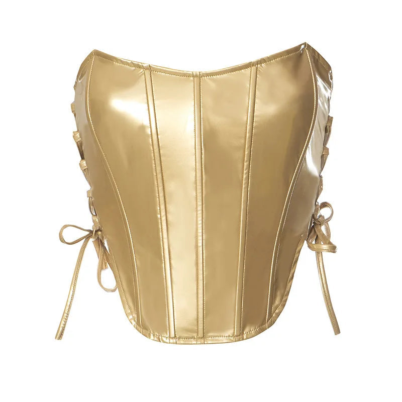 Sexy Frauen Shiny Gold Silber Bustier Crop Tops Helle PU Leder Krone Gürtel Abnehmen Taille Liebsten Low-cut Korsett top Sommer Festival Outfits | Techno Shirts | Rave Clothing