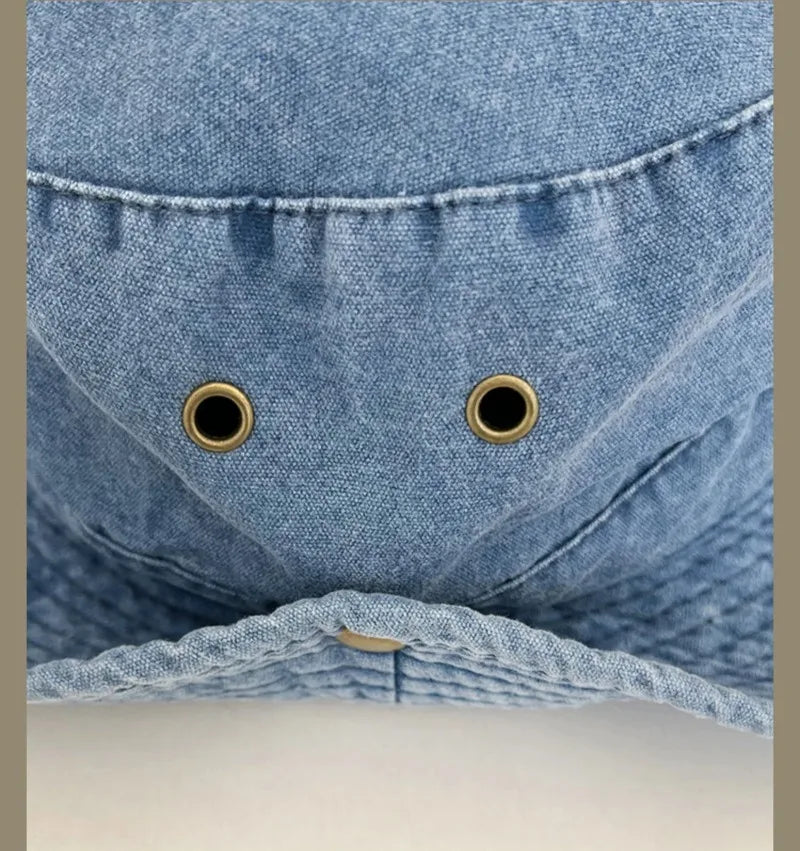 2025 Blaue Cowboy-Wander-Eimerhüte mit Schnur, Herren-Denim-Strand-Sonnenhut für Damen, Outdoor, Paar, Bob, Panama, Sommer-Fischerkappe Festival Outfits | Techno Shirts | Rave Clothing