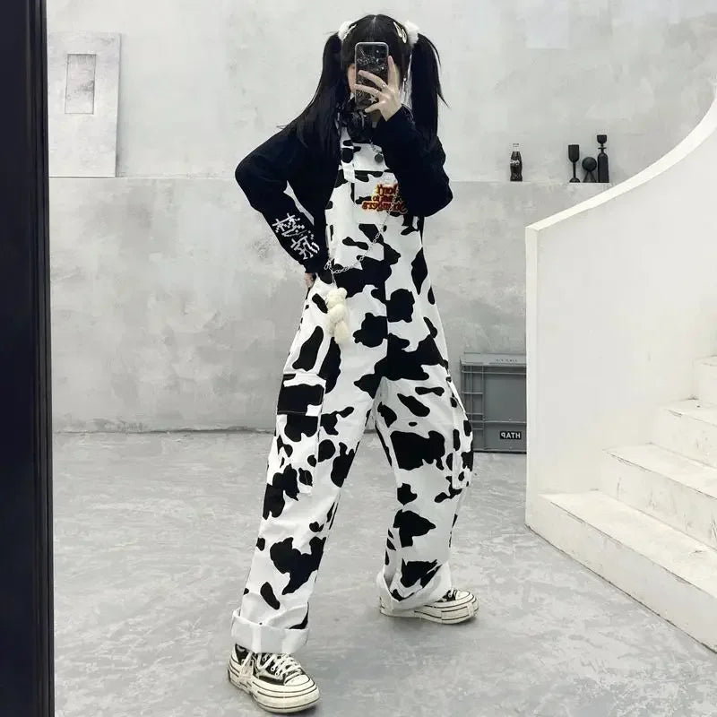 Street Hip-hop Harajuku Girl Cow Print Oneies for Women Black White Plaid Overalls Casual Jumpsuit Trousers Baggy Pants Festival Outfits | Techno Shirts | Rave Clothing