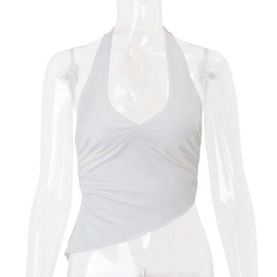 WhereMery Casual Solide Frauen Halter Crop Top Y2K Elegante V-ausschnitt Ärmellose Falten Sommer Tees Formale Streetwear Sportliche Weibliche Weste Festival Outfits | Techno Shirts | Rave Clothing