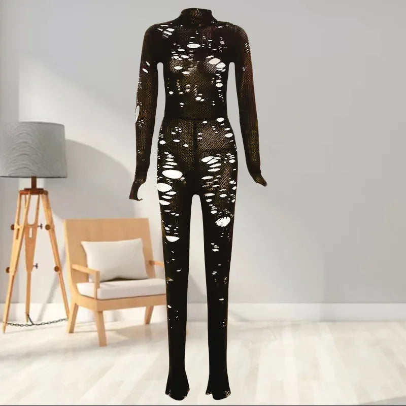 Modischer, einzigartiger Streetwear-Herbst-Damen-Strickoverall mit hoher Taille, ausgehöhlt, lässig, trendiges Langarm-Oberteil Festival Outfits | Techno Shirts | Rave Clothing