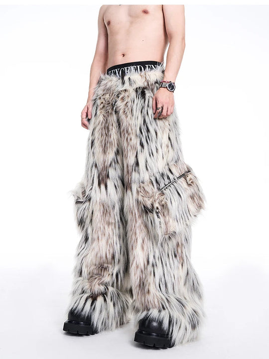Mauroicardi Herbst Winter Lange Bunte Dicke Warme Haarige Flauschigen Faux Pelz Breite Bein Hosen Männer Taschen Runway Fashion Streetwear Festival Outfits | Techno Shirts | Rave Clothing