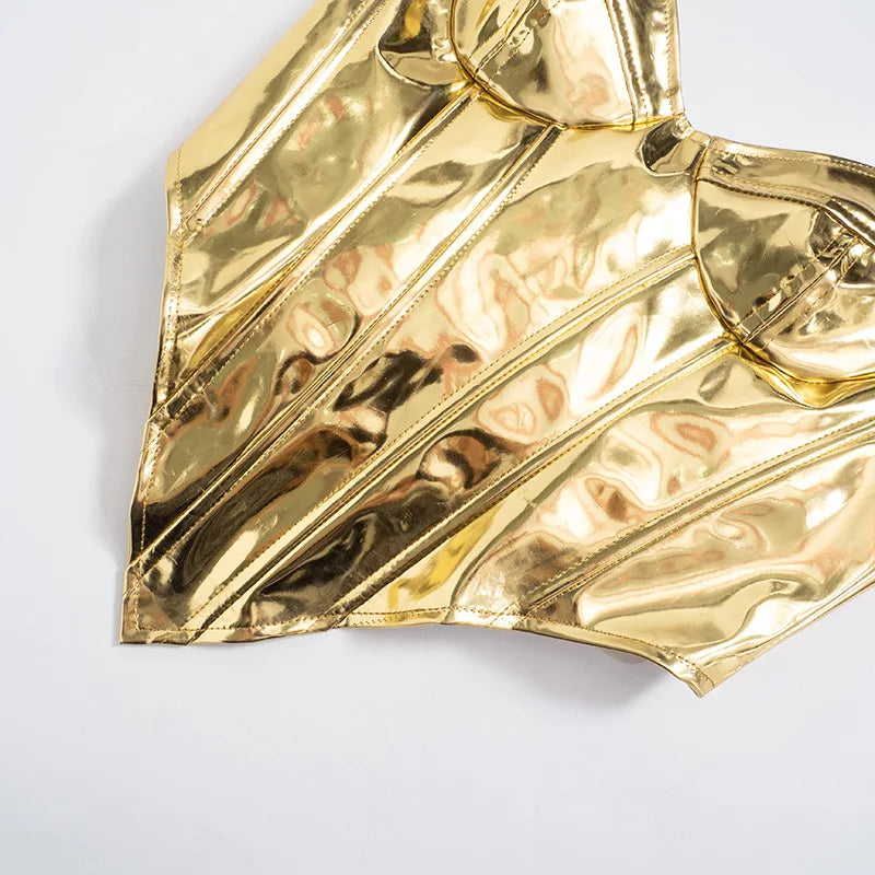 Sexy Frauen Shiny Gold Silber Bustier Crop Tops Helle PU Leder Krone Gürtel Abnehmen Taille Liebsten Low-cut Korsett top Sommer Festival Outfits | Techno Shirts | Rave Clothing