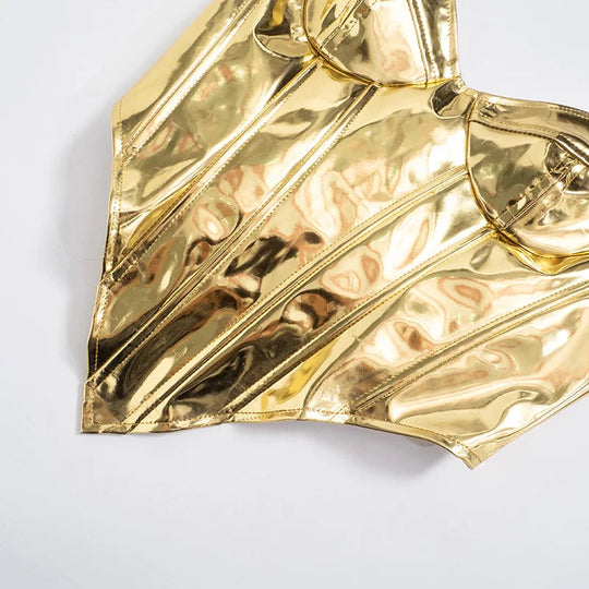 Sexy Frauen Shiny Gold Silber Bustier Crop Tops Helle PU Leder Krone Gürtel Abnehmen Taille Liebsten Low-cut Korsett top Sommer Festival Outfits | Techno Shirts | Rave Clothing