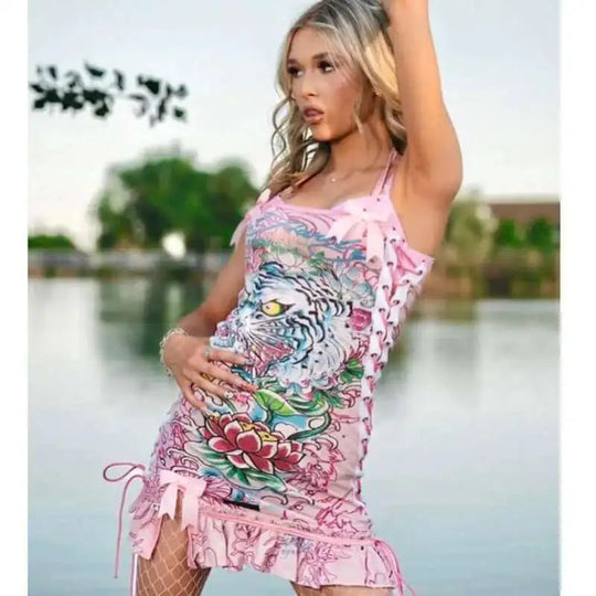 Totenkopf bedruckte Gothic-Minikleider für Damen, Schnürung, Neckholder, sexy Kleider, Slash-Ausschnitt, Y2k-Partykleider, A-Linie, figurbetontes Kleid für Damen Festival Outfits | Techno Shirts | Rave Clothing