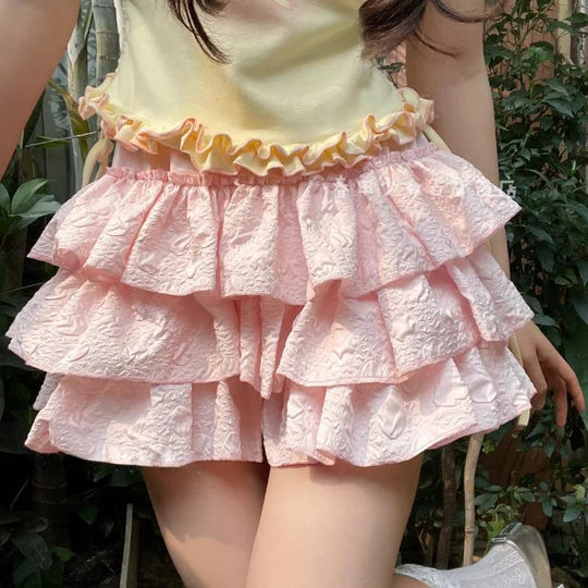 Kawaii Lolita Rock Shorts Frauen Sommer Rüschen Patchwork Layered Hohe Taille Nette Balletcore Mini Rock Tutu Petticoat Festival Outfits | Techno Shirts | Rave Clothing