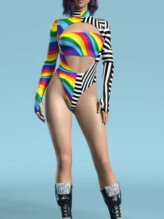 Halloween Fashion Sexy Slim Fit Women Sexy Swimsuit Fabric Comfortable Trend Rainbow Color Printed Swimsuit Role Playing Costume Festival Outfits | Techno Shirts | Rave Clothing