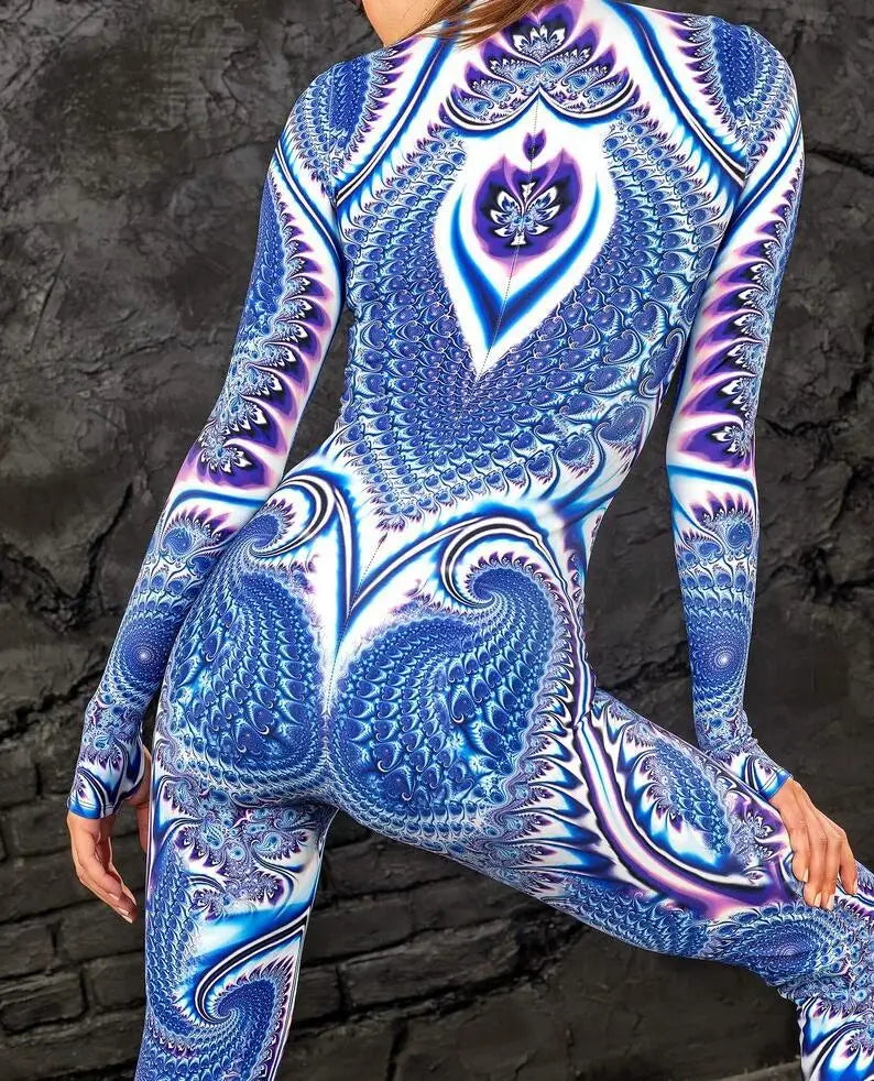 Colorful 3D Printing Women Holiday Party Cyber Punk Rainbow Jumpsuit Onesie Halloween Cosplay Costume Elastic Bodysuit Romper Festival Outfits | Techno Shirts | Rave Clothing