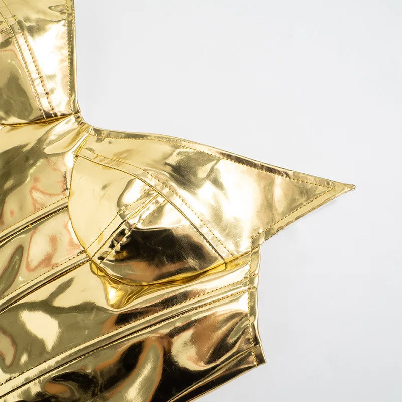 Sexy Frauen Shiny Gold Silber Bustier Crop Tops Helle PU Leder Krone Gürtel Abnehmen Taille Liebsten Low-cut Korsett top Sommer Festival Outfits | Techno Shirts | Rave Clothing