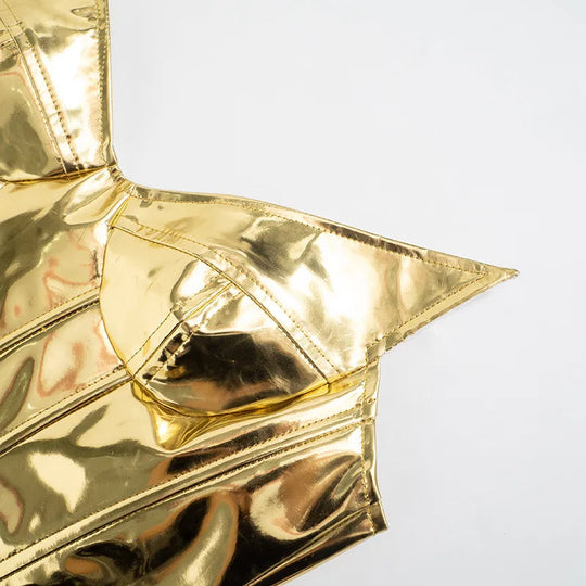 Sexy Frauen Shiny Gold Silber Bustier Crop Tops Helle PU Leder Krone Gürtel Abnehmen Taille Liebsten Low-cut Korsett top Sommer Festival Outfits | Techno Shirts | Rave Clothing