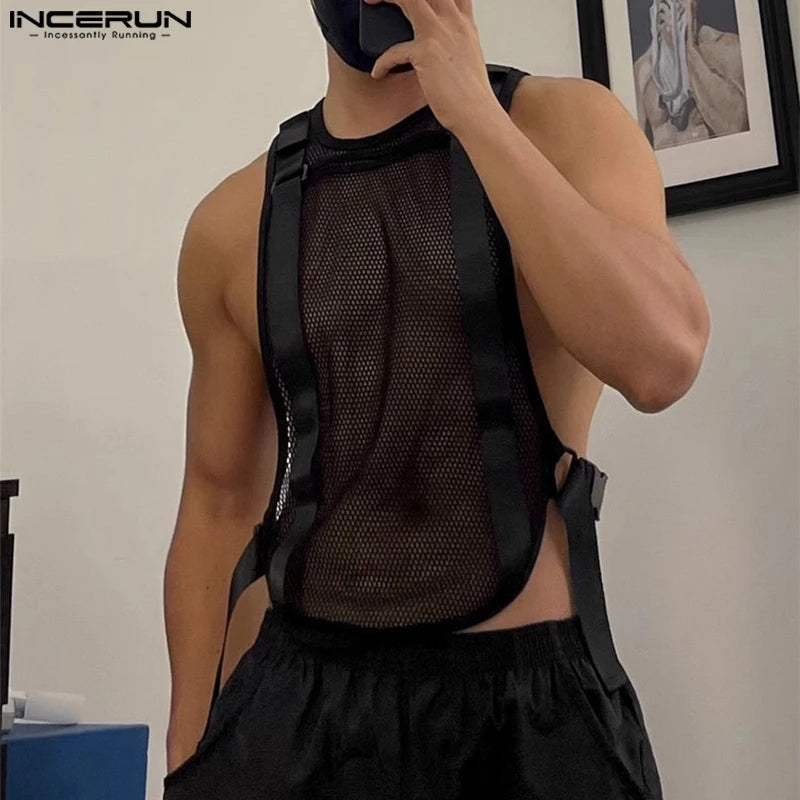 INCERUN Tops 2024 Korean Style Fashion Mens Mesh Hollow Buckle Vests Casual Sexy Male Thin Breathable Sleeveless Tank Tops S-5XL Festival Outfits | Techno Shirts | Rave Clothing