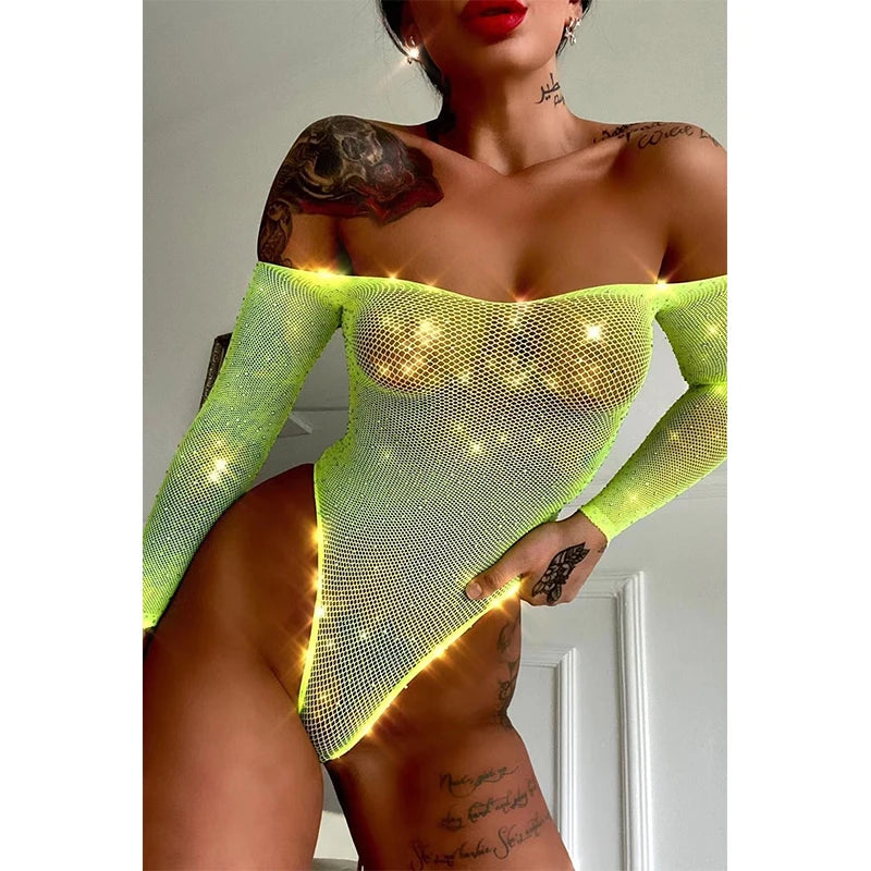 Frauen Strass Glitter Body Hohe Netzstrumpfhose Erotische Dessous Y2k Sexy Tops Einteilige Dessous Erotische Körper Rave Outfits Festival Outfits | Techno Shirts | Rave Clothing