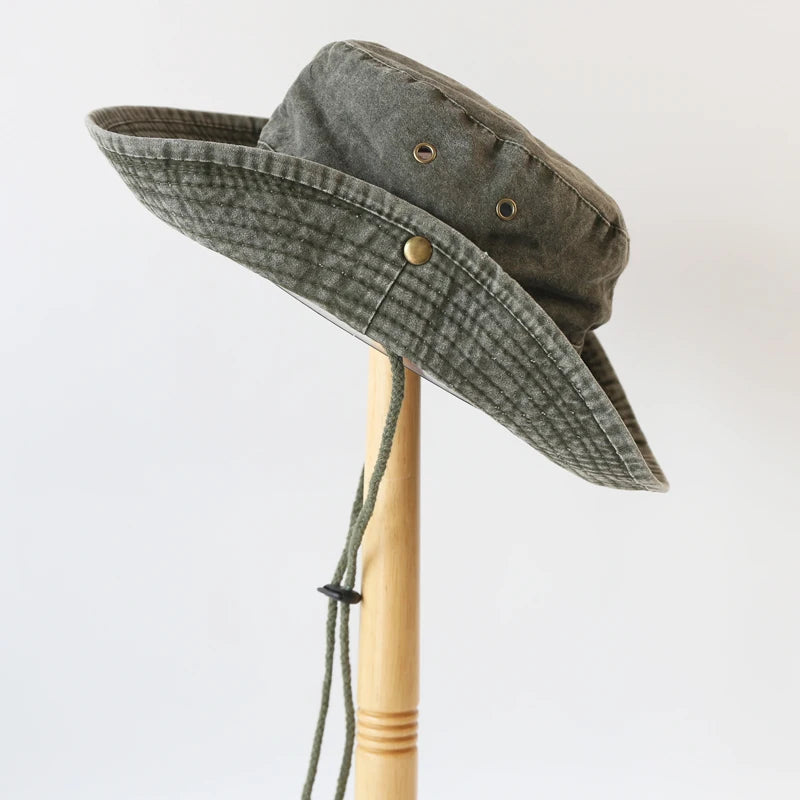 2025 Blaue Cowboy-Wander-Eimerhüte mit Schnur, Herren-Denim-Strand-Sonnenhut für Damen, Outdoor, Paar, Bob, Panama, Sommer-Fischerkappe Festival Outfits | Techno Shirts | Rave Clothing