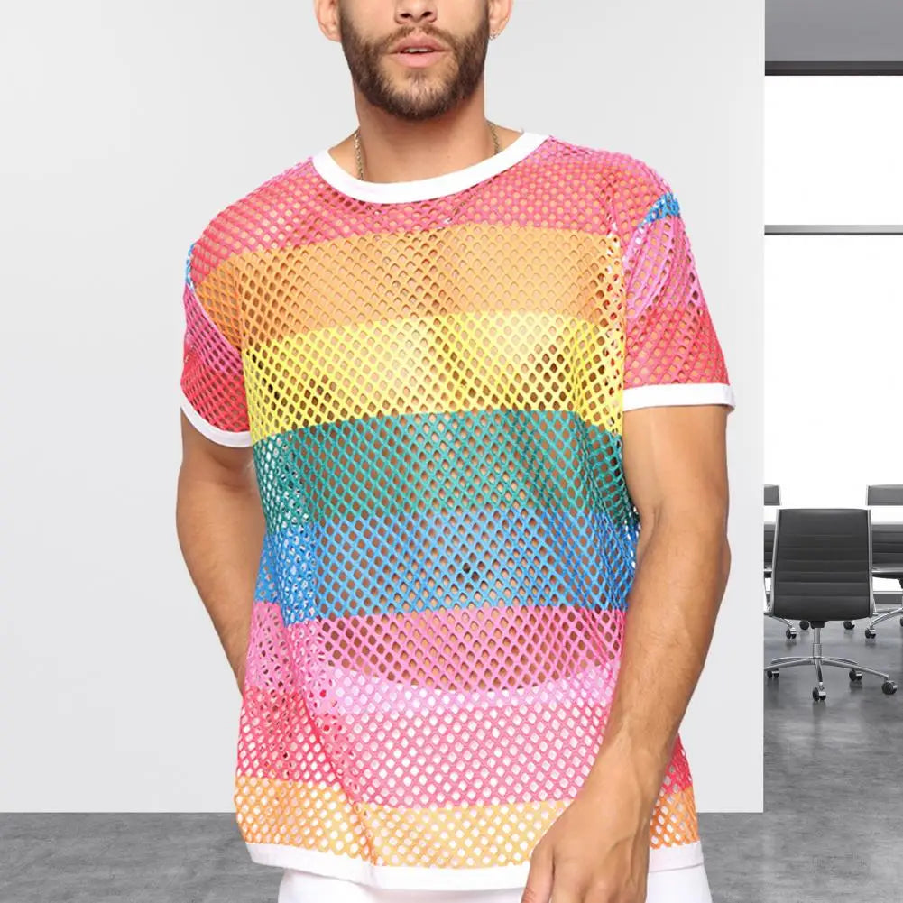 Men Top Clubwear Hollow Out Color Fishnet Block Round Neck Short Sleeves See-through Streetwear Loose Breathable Men Party T-shi Festival Outfits | Techno Shirts | Rave Clothing