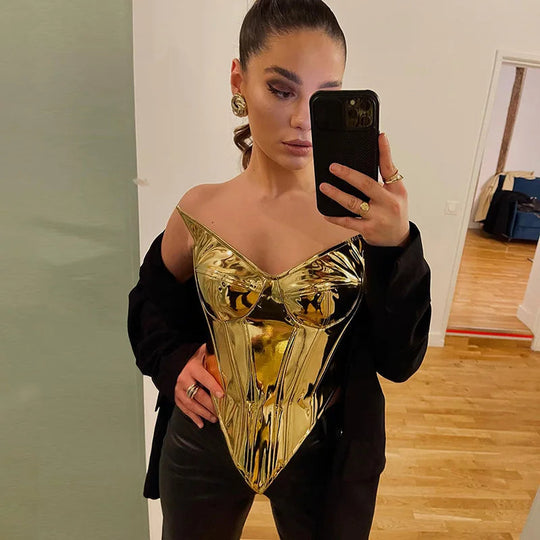 Sexy Frauen Shiny Gold Silber Bustier Crop Tops Helle PU Leder Krone Gürtel Abnehmen Taille Liebsten Low-cut Korsett top Sommer Festival Outfits | Techno Shirts | Rave Clothing